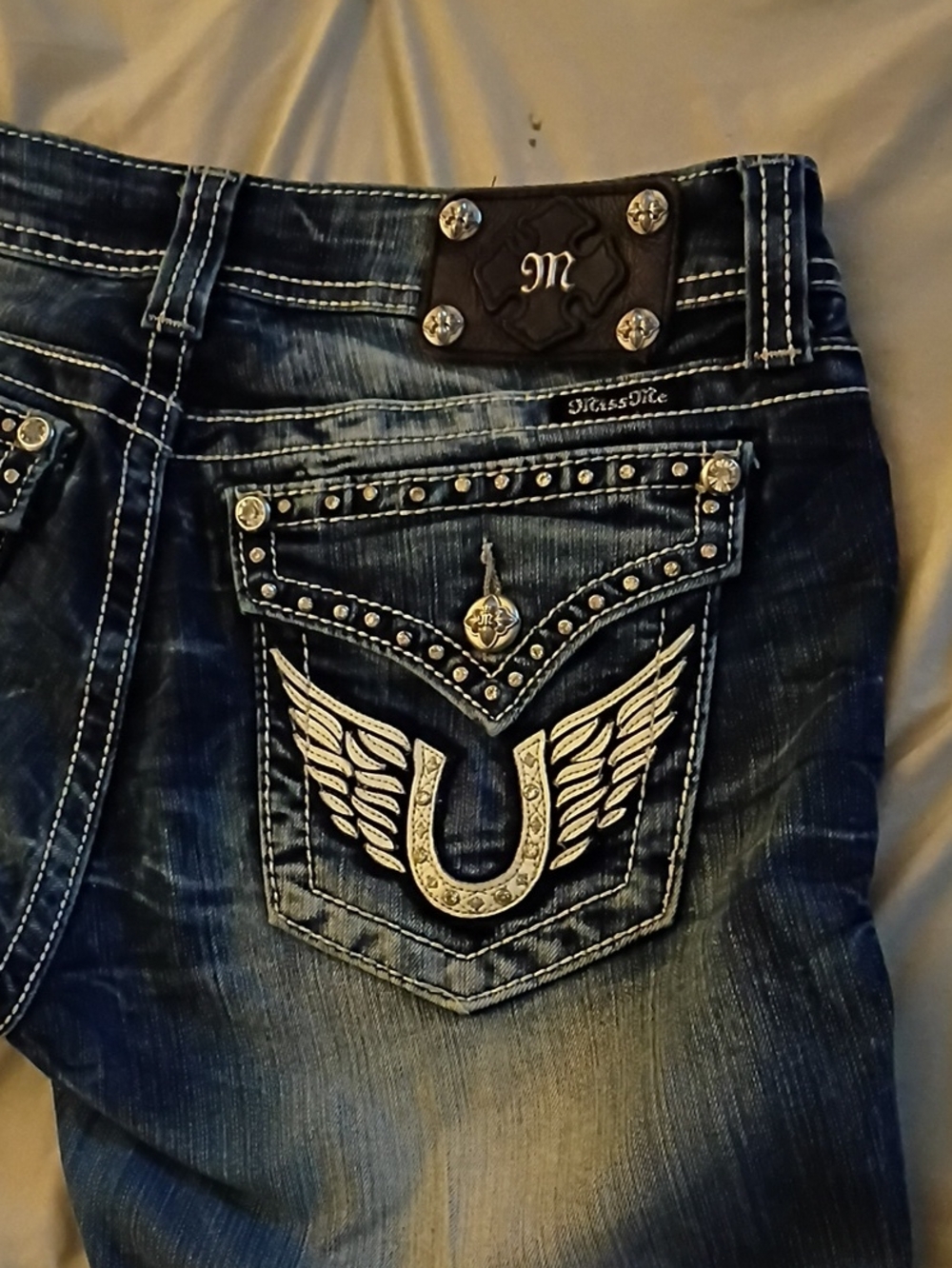 Miss Me Blue Embroidered Wing Pocket Jeans